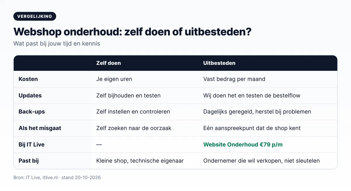 Webshop onderhoud zelf doen of uitbesteden: kosten, updates, back-ups en wat te doen als het misgaat